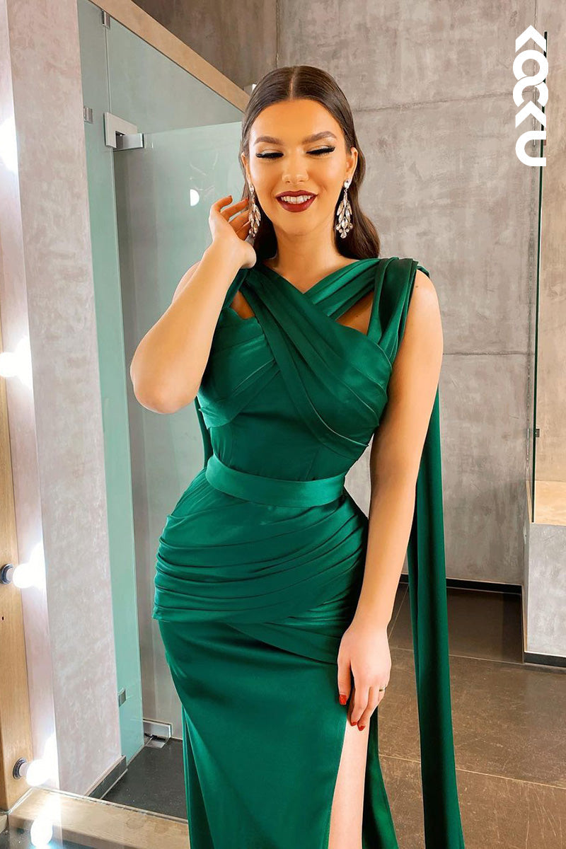 L1701 - Cross-Neck Ruched Satin Sheath Long Prom Evening Gown With Slit
