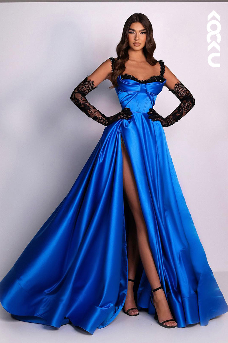 L1706 - Sweetheart Beaded Satin A-Line Long Prom Gown With Thigh Slit