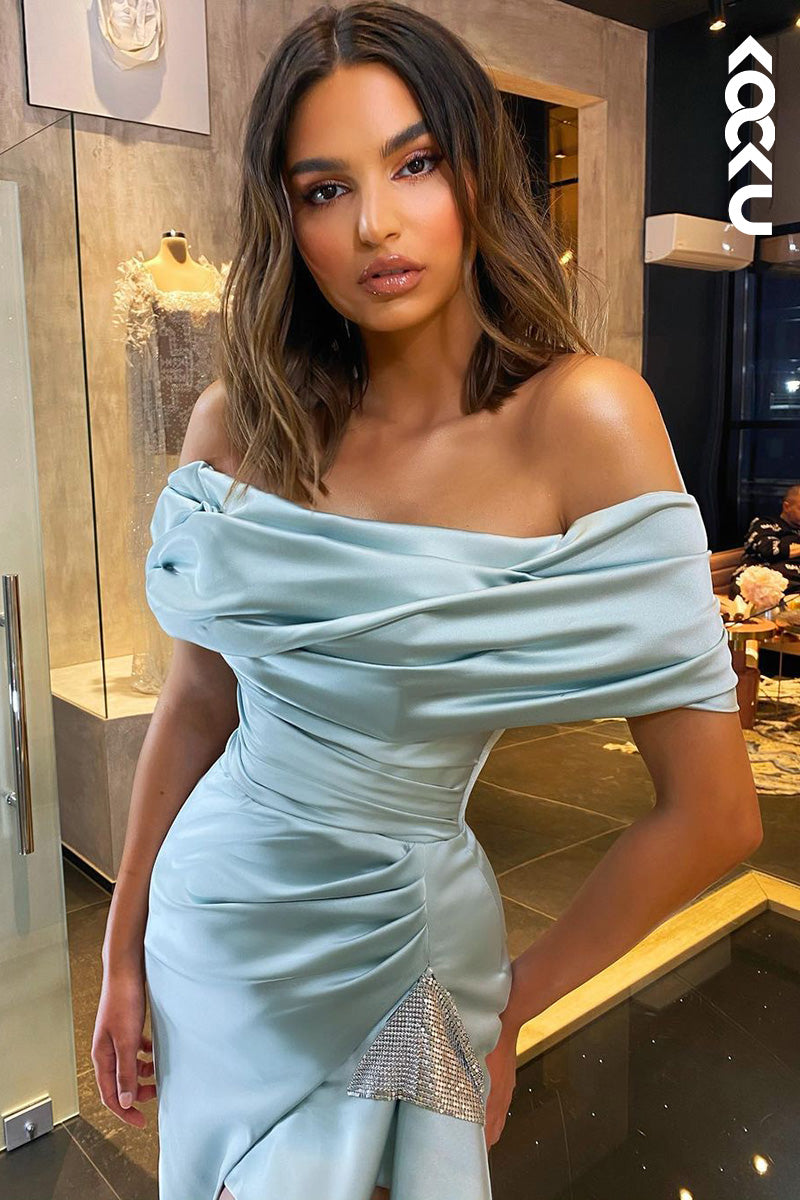 L1709 - Off-Shoulder Ruched Satin Sheath Long Prom Evening Gown With Slit