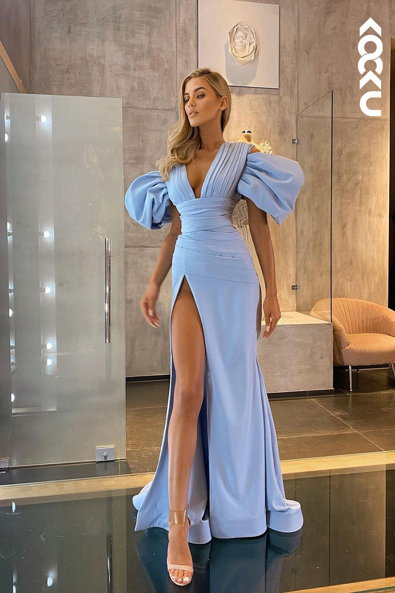 L1714 - V-Neck Ruched Thigh Slit Sheath Long Prom Gown With Puff Sleeves