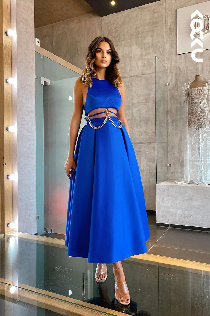 L1715 - Round Neck Cut Outs Satin A-Line Midi Prom Evening Gown