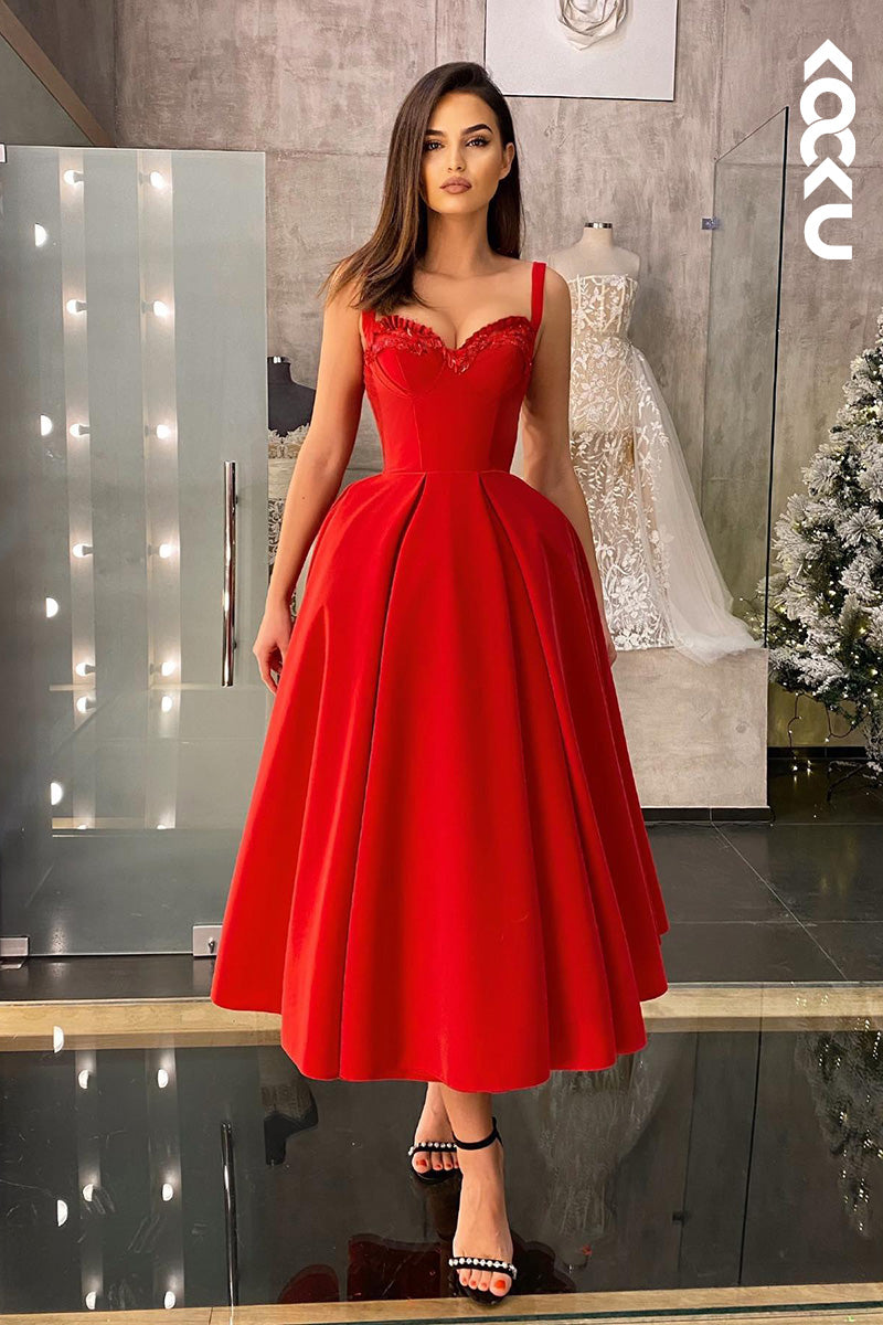 L1718 - Sweetheart Ruffled Satin A-Line Midi Prom Evening Gown