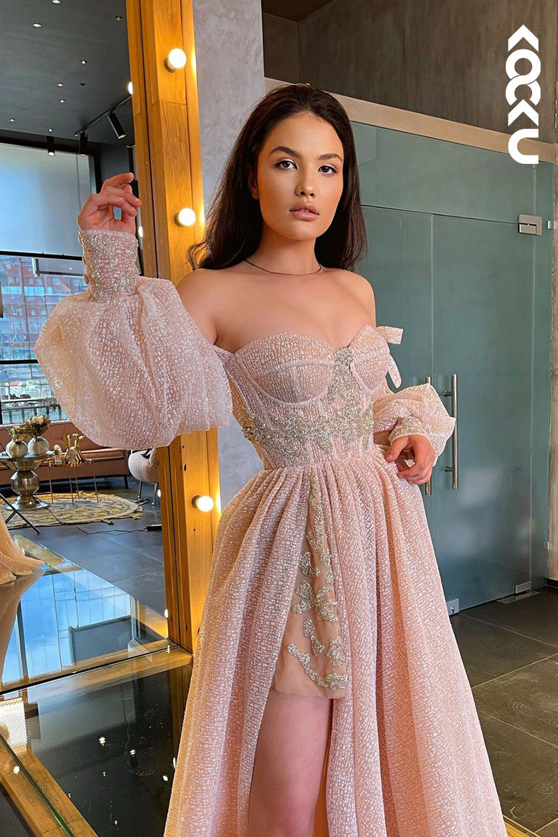 L1719 - Sweetheart Off-Shoulder Long Sleeves A-Line Prom Gown With Slit