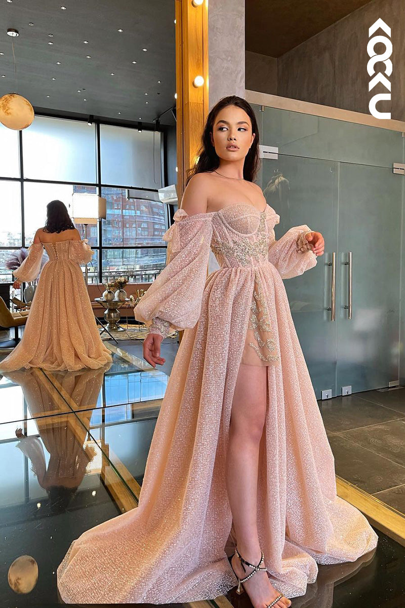 L1719 - Sweetheart Off-Shoulder Long Sleeves A-Line Prom Gown With Slit