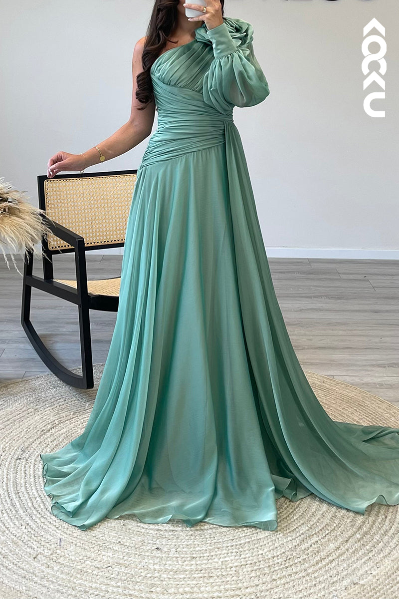 L1722 - A Line One Shoulder Long Sleeves Chiffon Pleated Semi Formal Dress