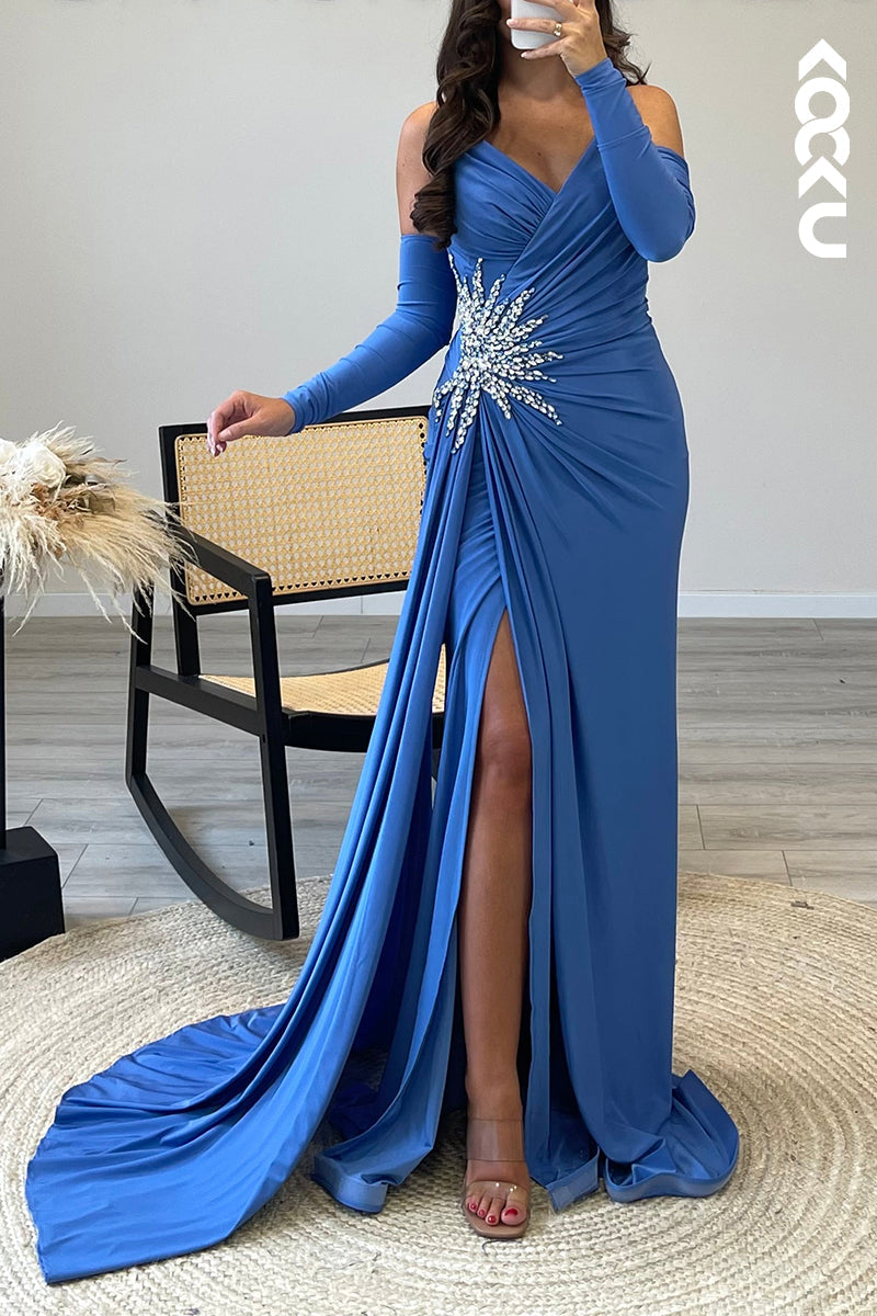 L1724 - Sheath/Column V Neck Strapless Satin Pleated Long Semi Formal Dress