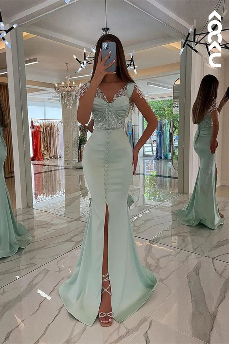 L1725 - Sweetheart Beaded Satin Mermaid Long Prom Gown With Slit