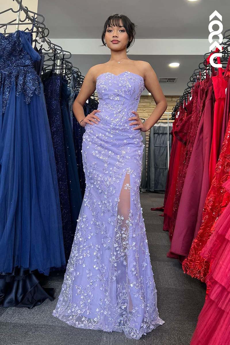 L1727 - Strapless Appliqued Beaded Sheath Long Prom Gown With Slit