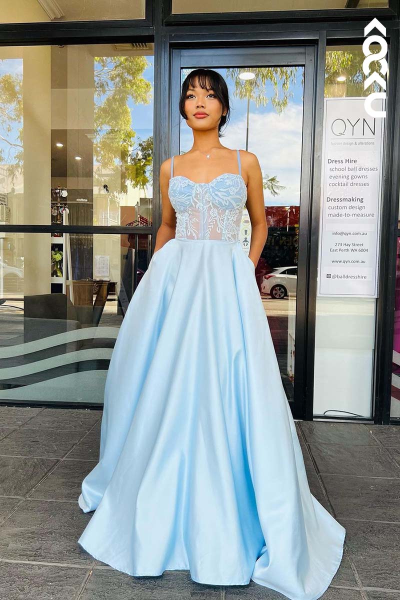 L1728 - Sweetheart Spaghetti Straps Lace Appliqued A-Line Prom Gown