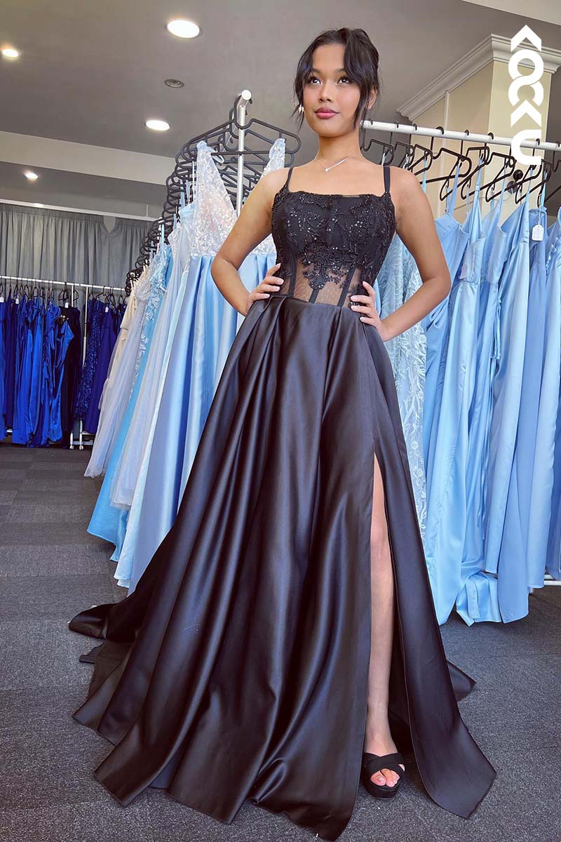L1729 - Spaghetti Straps Lace Appliqued A-Line Long Prom Gown With Slit