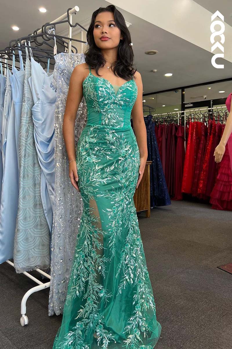 L1730 - V-Neck Spaghetti Straps Lace Appliqued Beaded Sheath Long Prom Gown