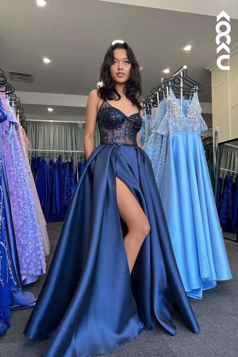 L1731 - V-Neck Sequins Beaded Satin A-Line Long Prom Gown With Slit