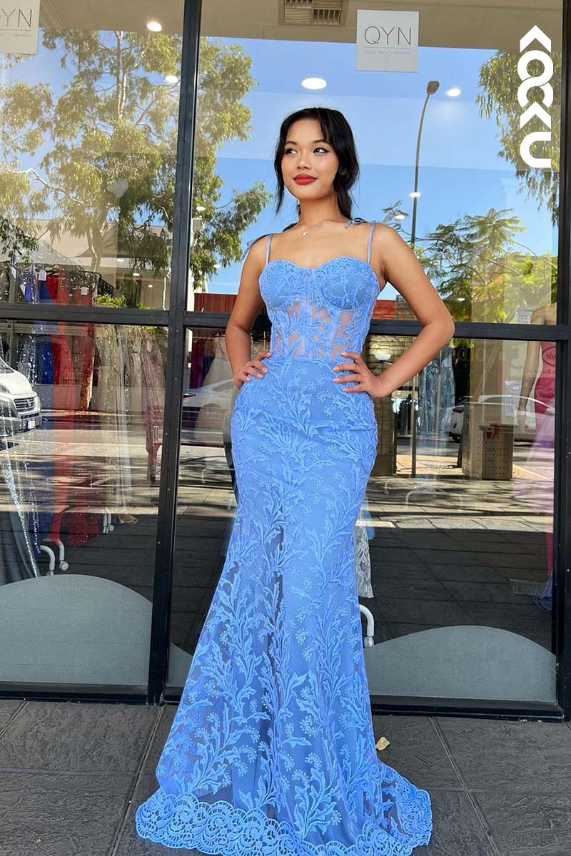 L1733 - Sweetheart Spaghetti Straps Lace Appliqued Sheath Long Prom Gown