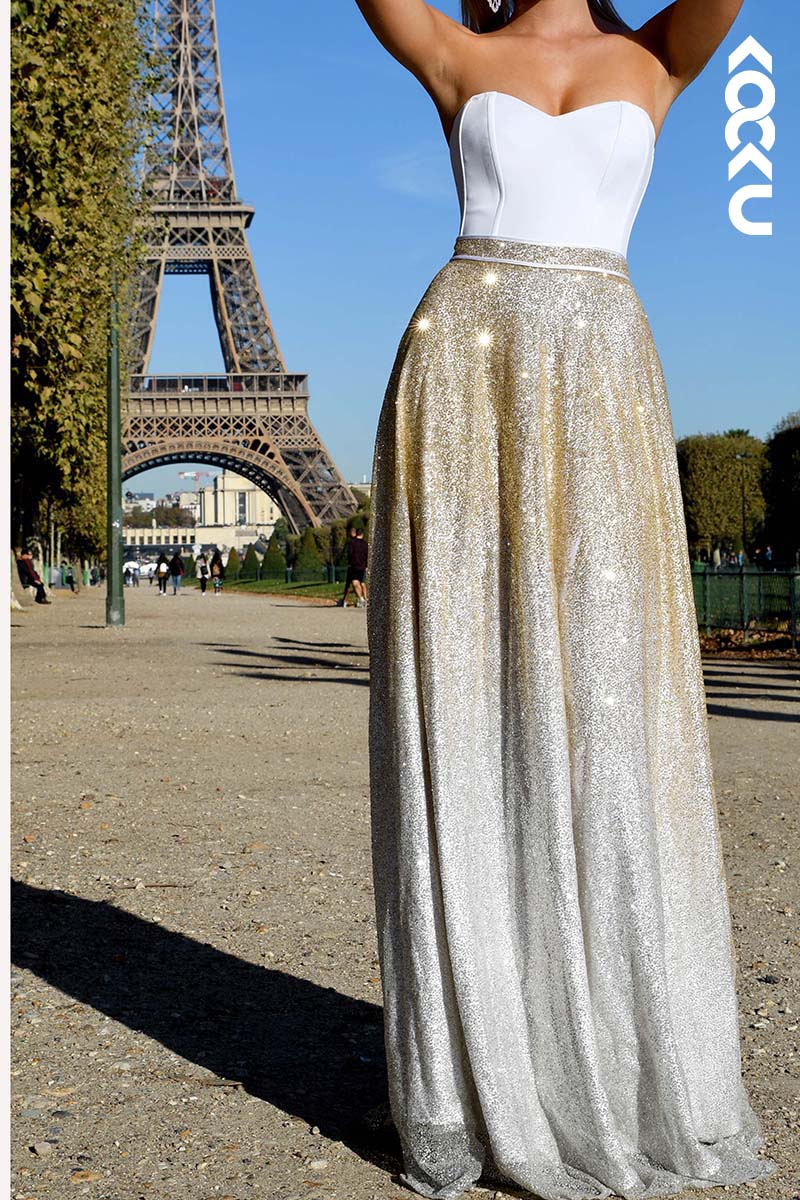 L1738 - Sweetheart Strapless Sequined A-Line Long Prom Evening Gown