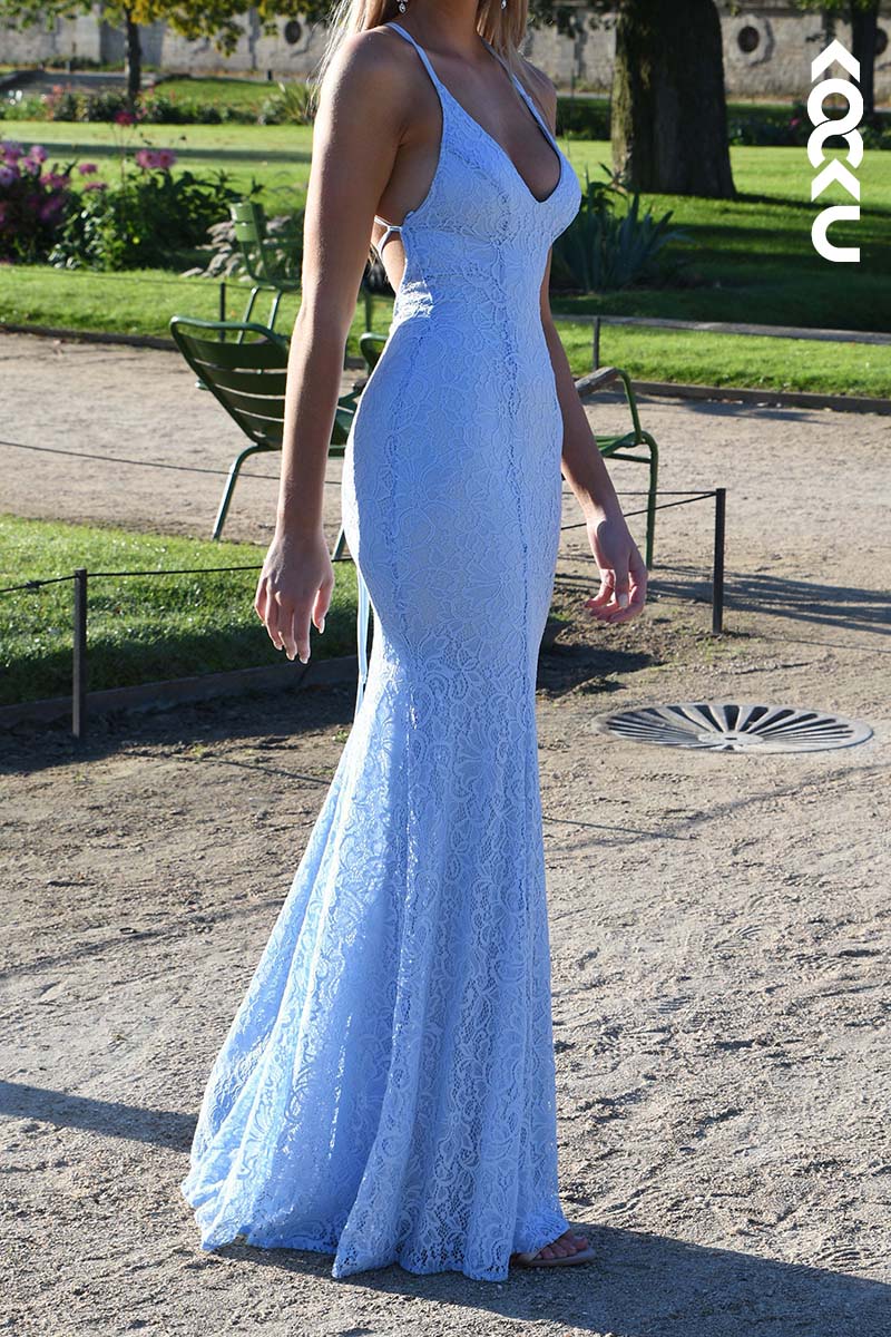 L1741 - V-Neck Spaghetti Straps Lace Sheath Long Prom Evening Gown