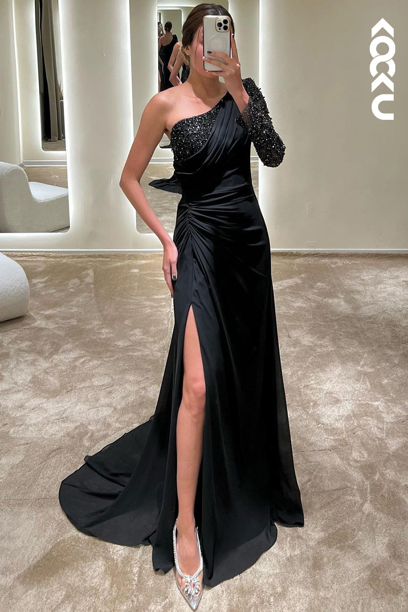 L1747 - One Shoulder Long Sleeves Beaded Satin A-Line Prom Evening Gown