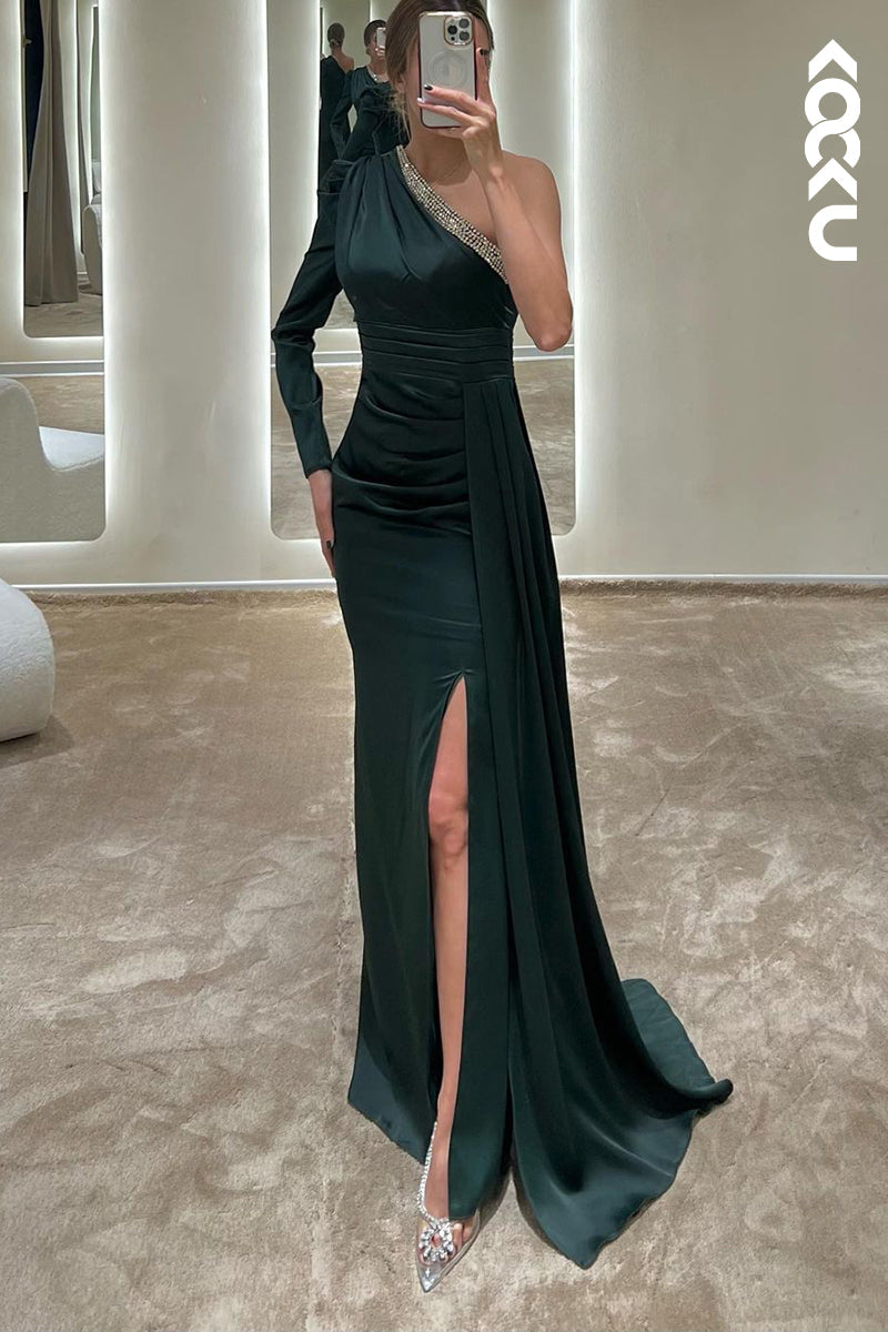 L1749 - One Shoulder Long Sleeves Ruched Satin Sheath Long Prom Evening Dress