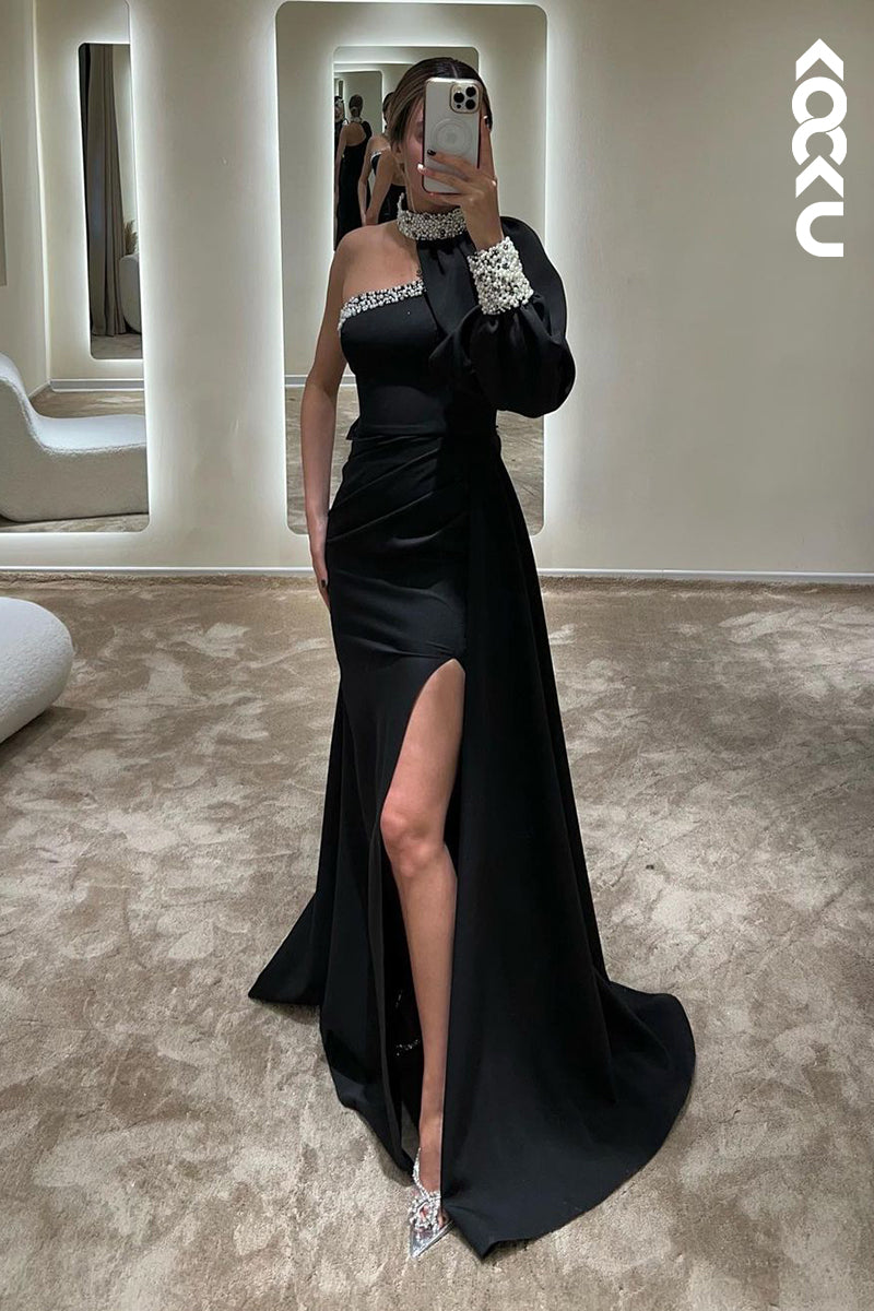 L1750 - One Shoulder Long Sleeves Beaded Satin Beaded Long Prom Evening Gown