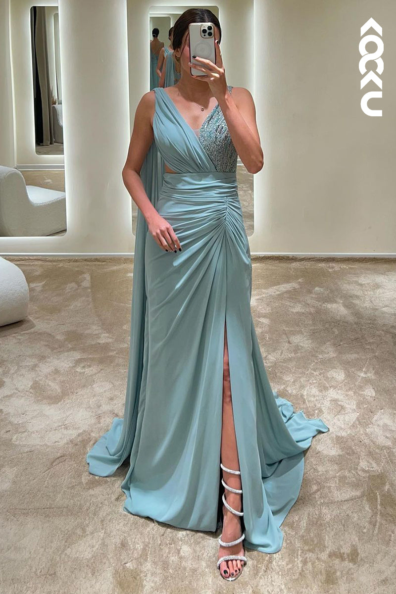 L1751 - V-Neck Beaded Ruched Satin Sheath Long Prom Evening Gown With Slit