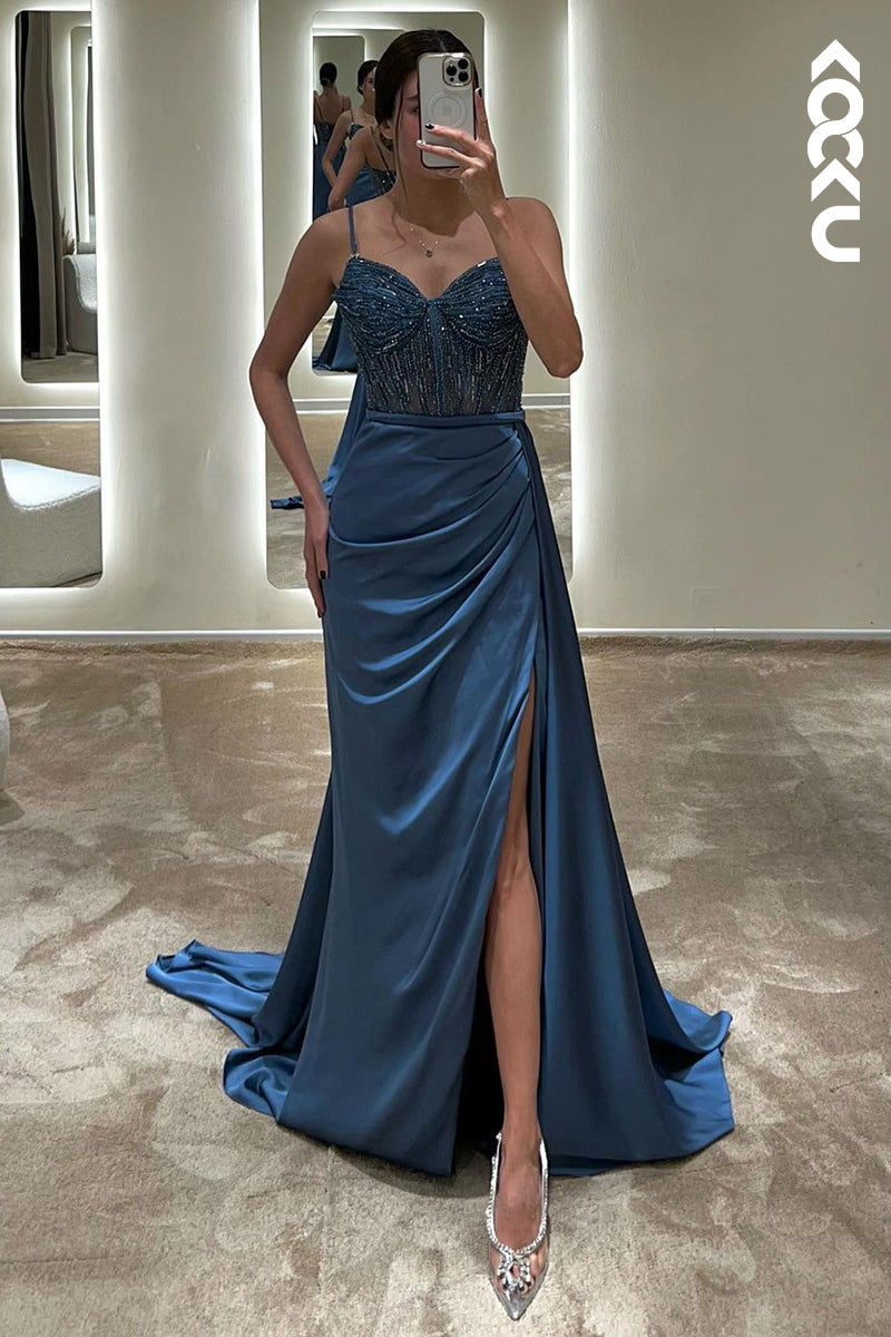 L1752 - V-Neck Spaghetti Straps Beaded Ruched Sheath Long Prom Evening Gown