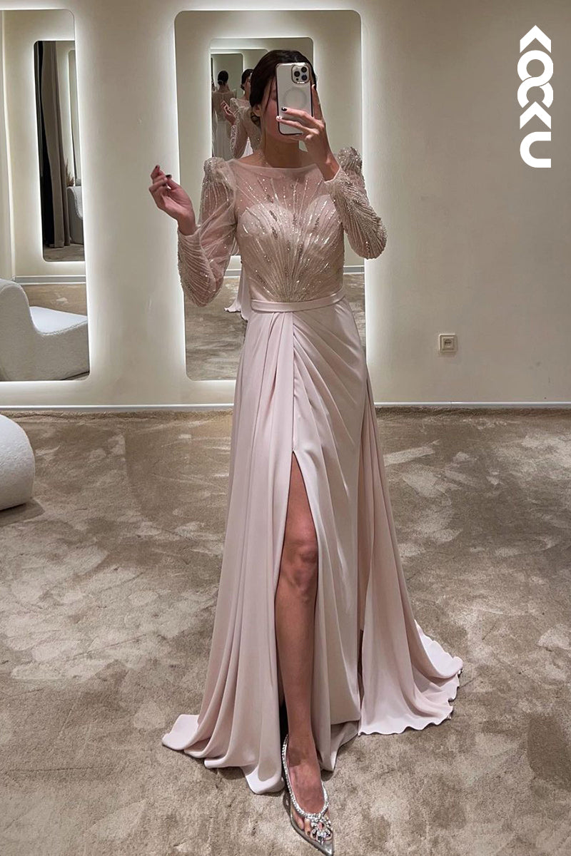 L1753 - Round Neck Long Sleeves Beaded A-Line Long Prom Evening Gown