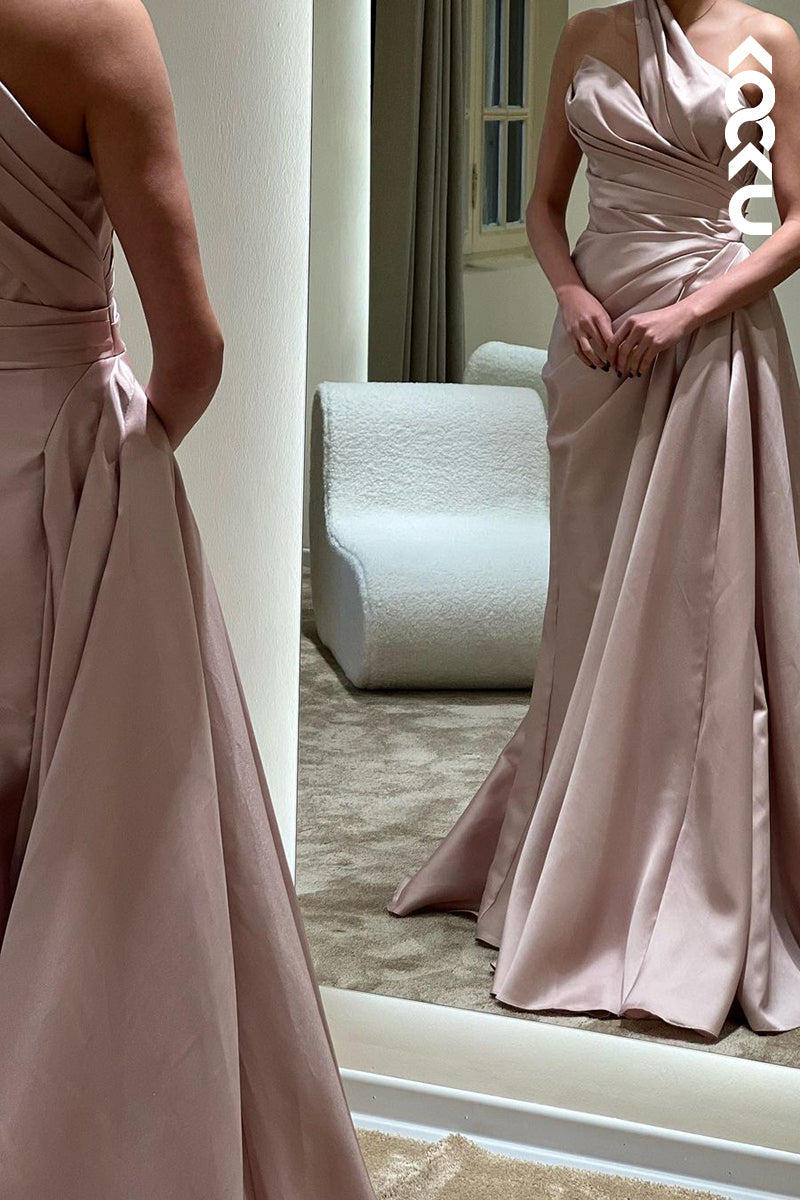L1756 - One Shoulder Asymmetrical Ruched Satin Sheath Long Prom Evening Gown