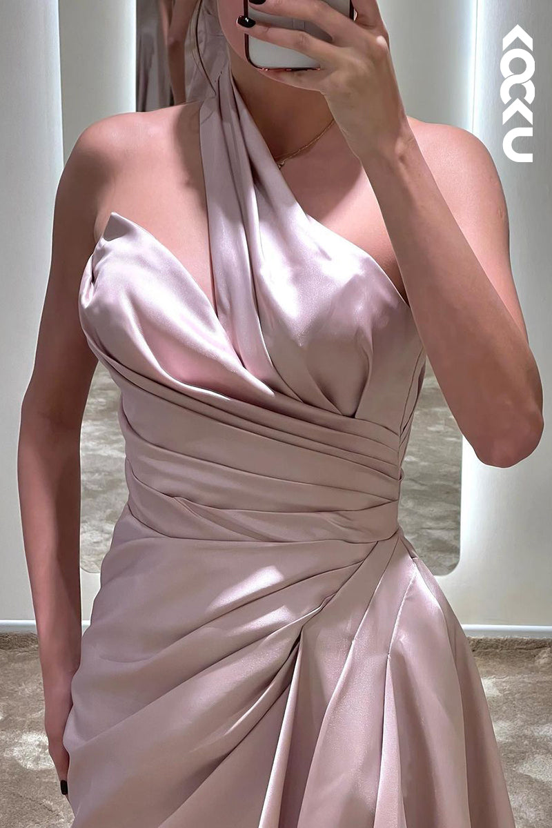 L1756 - One Shoulder Asymmetrical Ruched Satin Sheath Long Prom Evening Gown