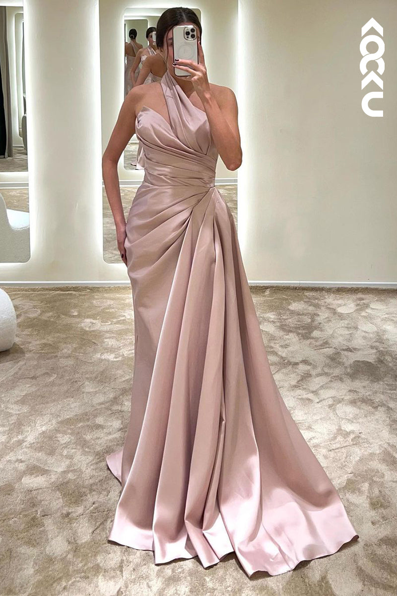 L1756 - One Shoulder Asymmetrical Ruched Satin Sheath Long Prom Evening Gown
