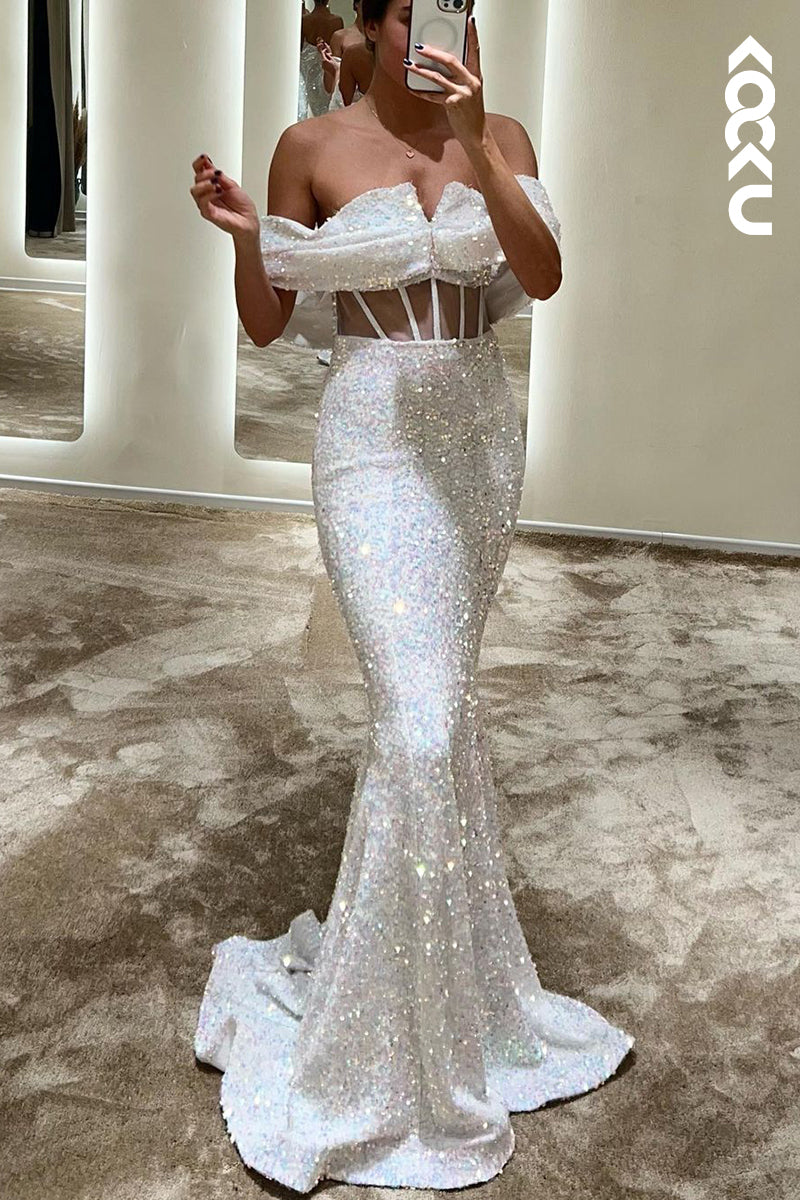 L1758 - Off-Shoulder Sequined Sheer Mermaid Long Prom Evening Gown