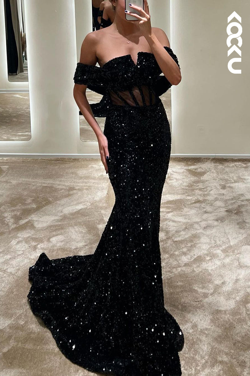 L1758 - Off-Shoulder Sequined Sheer Mermaid Long Prom Evening Gown
