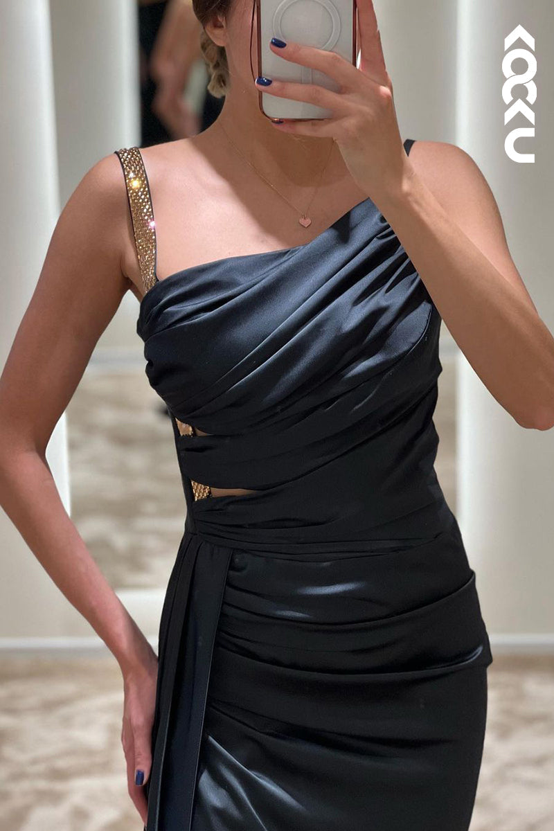 L1759 - Asymmetrical Ruched Cut Outs Satin Sheath Long Prom Evening Gown