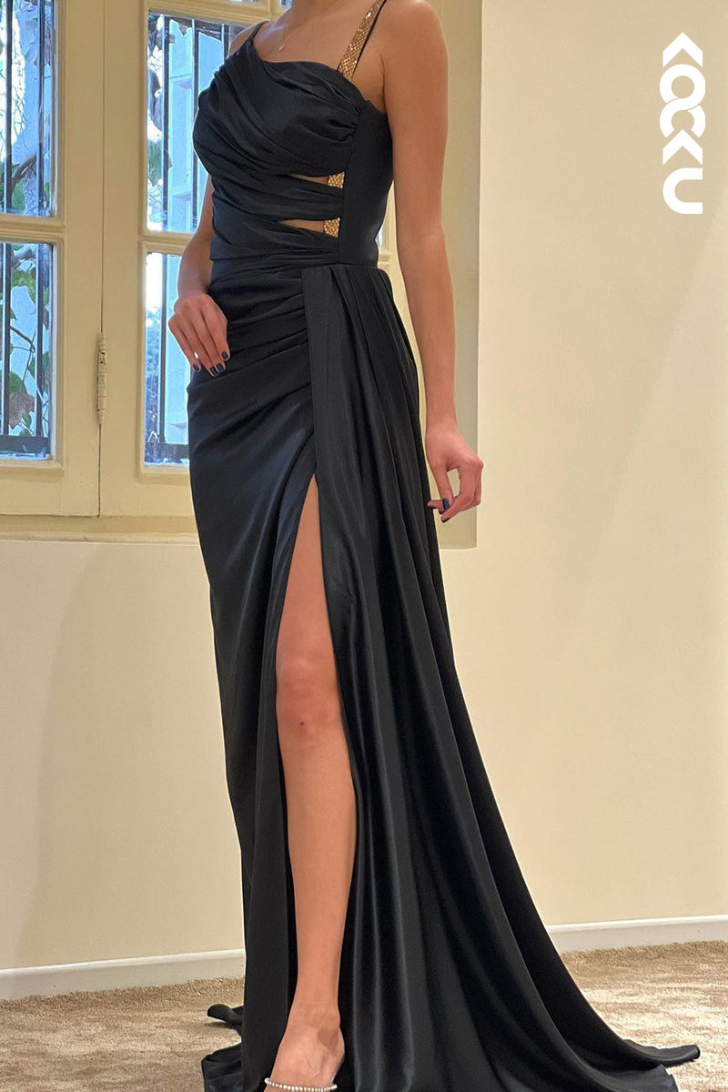 L1759 - Asymmetrical Ruched Cut Outs Satin Sheath Long Prom Evening Gown