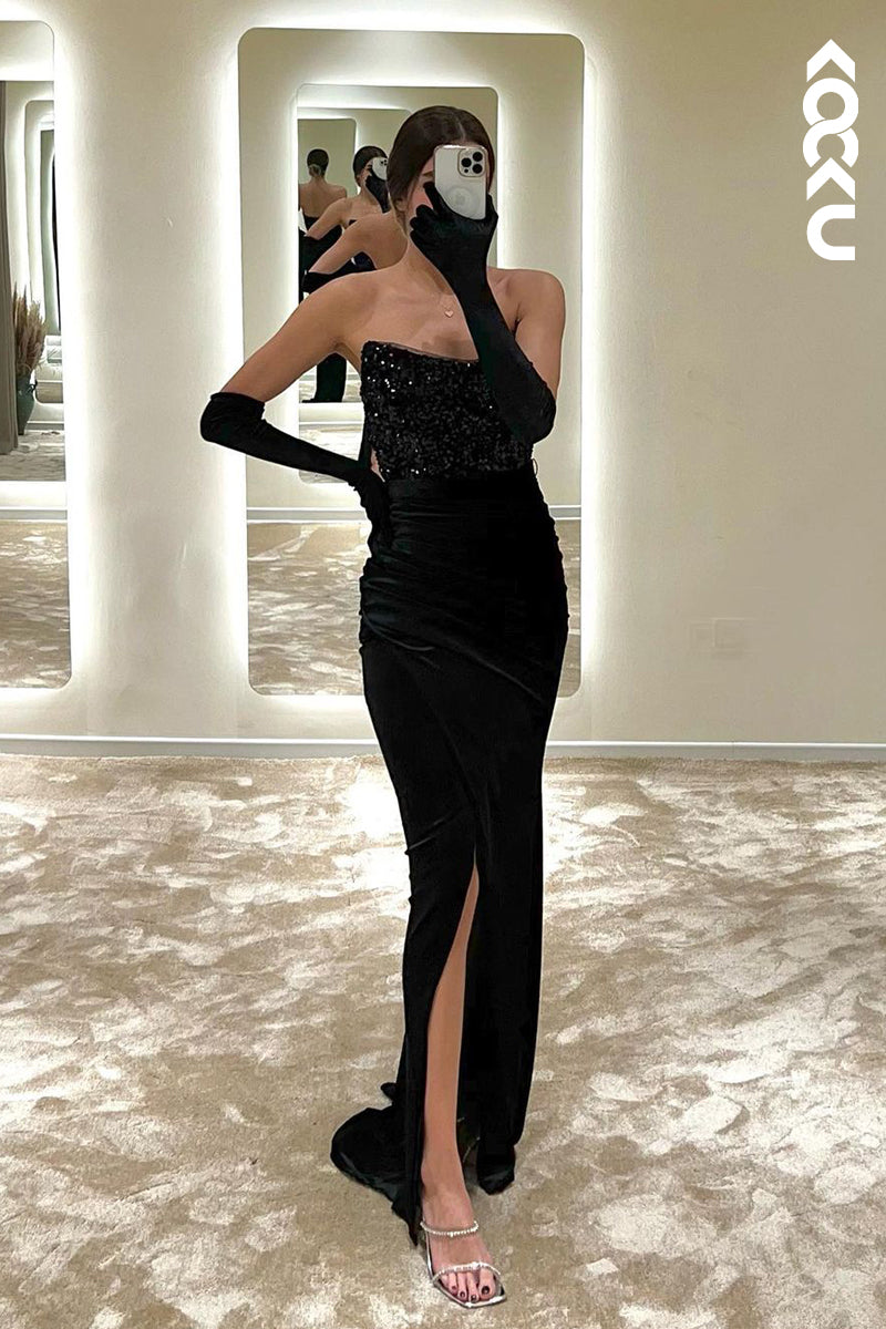 L1760 - Strapless Sequined Satin Sheath Long Prom Evening Gown With Slit