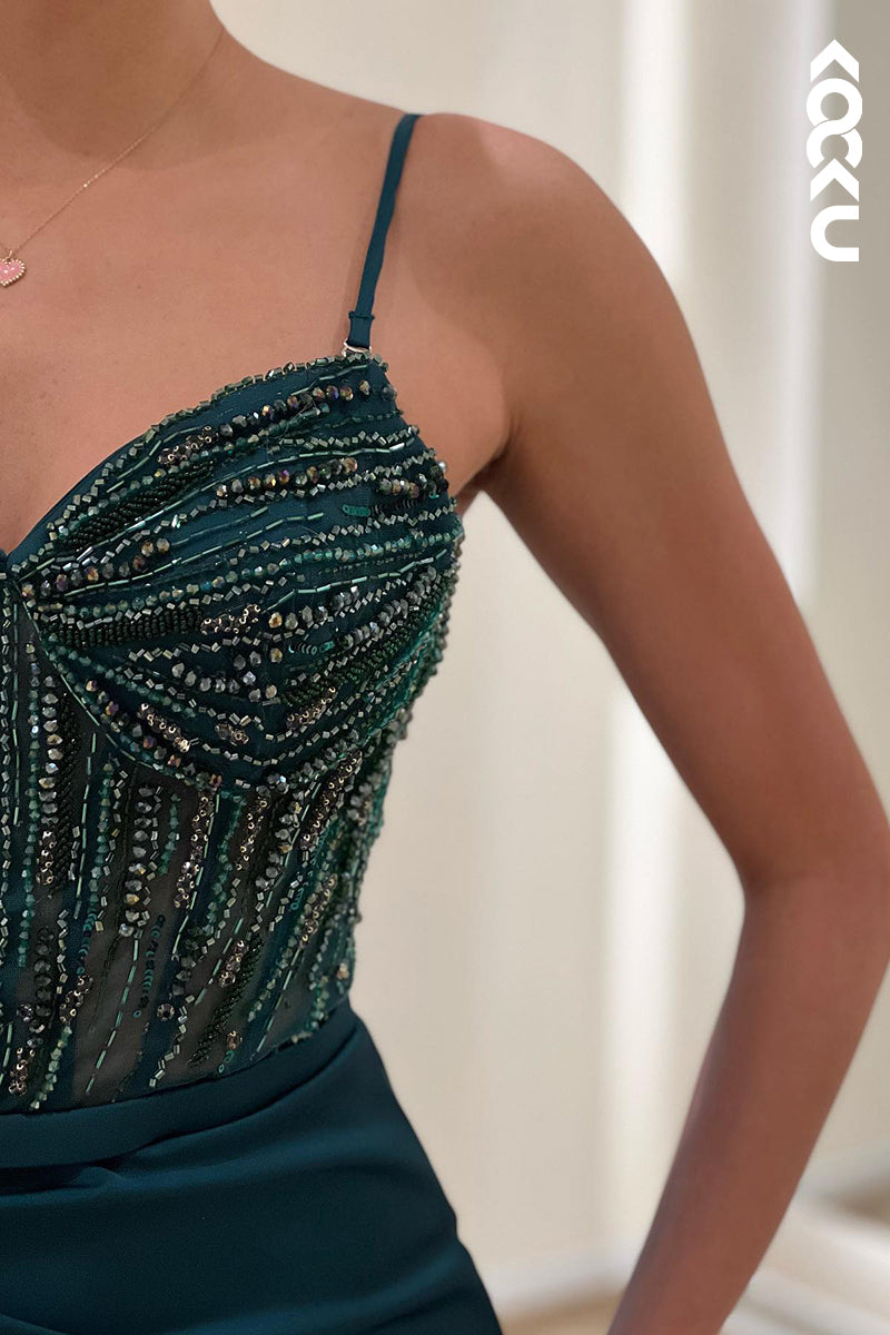 L1761 -  V-Neck Spaghetti Straps Beaded Ruched Sheath Long Prom Evening Gown