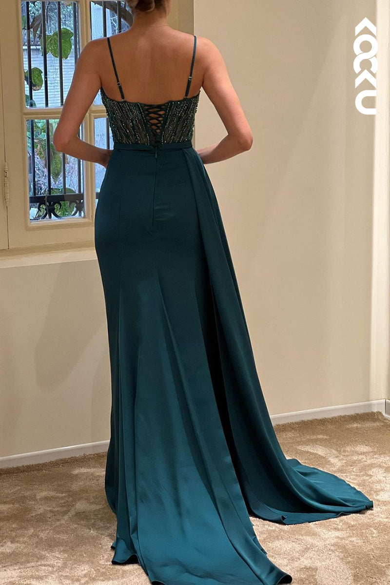 L1761 -  V-Neck Spaghetti Straps Beaded Ruched Sheath Long Prom Evening Gown