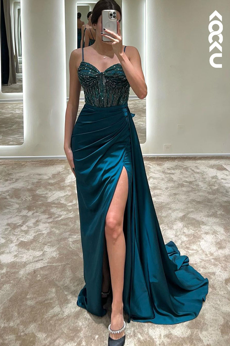 L1761 -  V-Neck Spaghetti Straps Beaded Ruched Sheath Long Prom Evening Gown