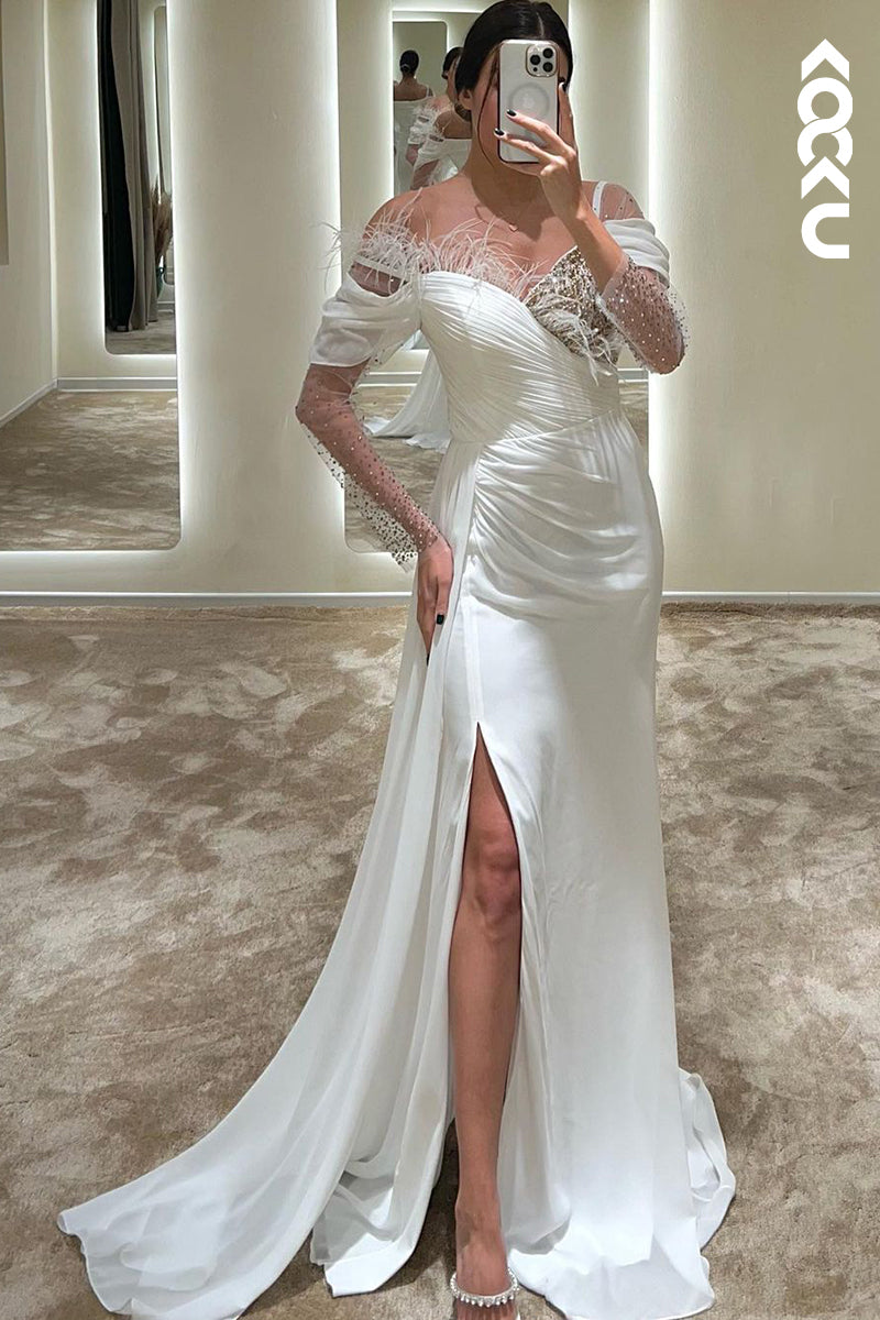L1763 - Off-Shoulder Asymmetrical Long Sleeves Beaded Sheath Prom Evening Gown
