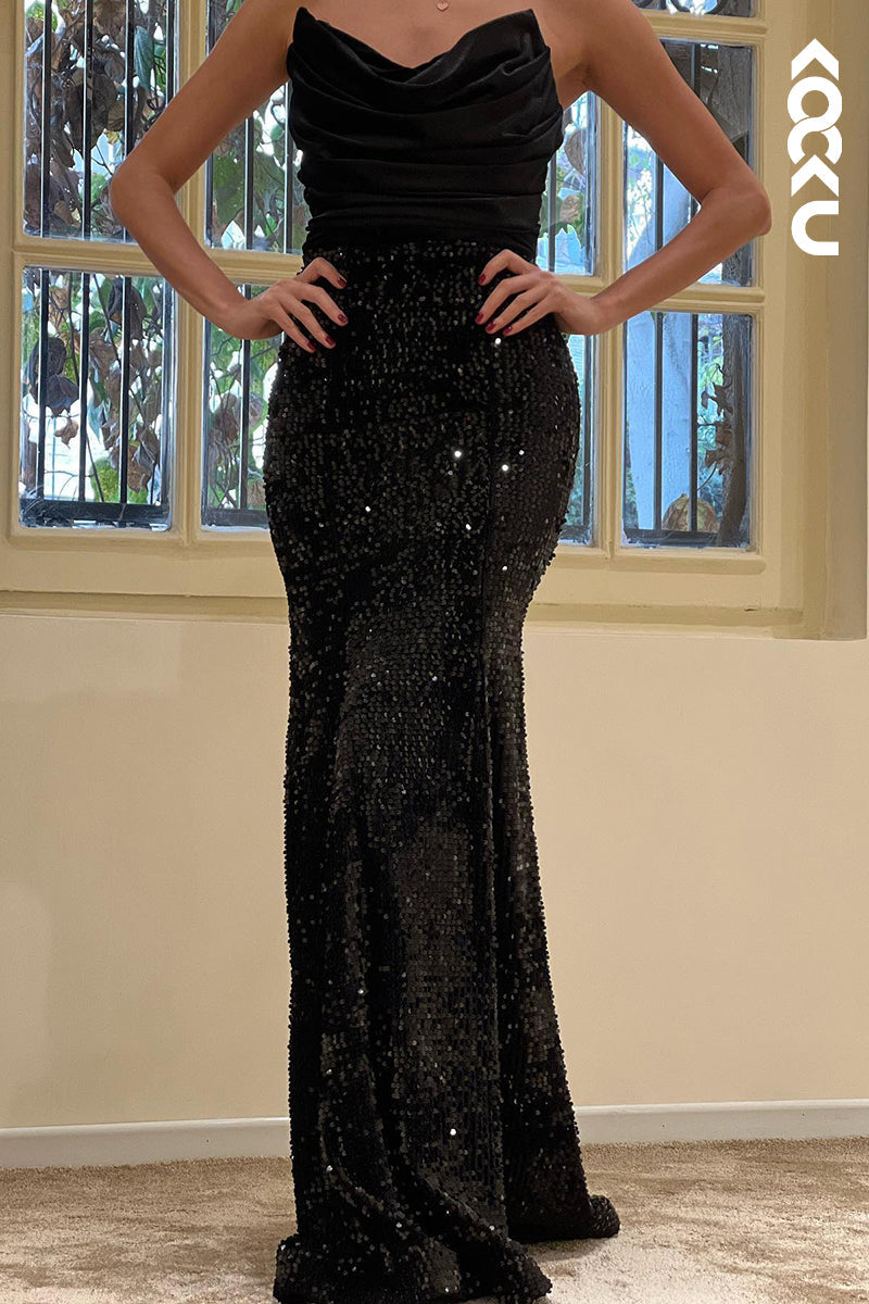 L1764 - V-Neck Strapless Ruched Sequined Satin Sheath Long Prom Evening Gown
