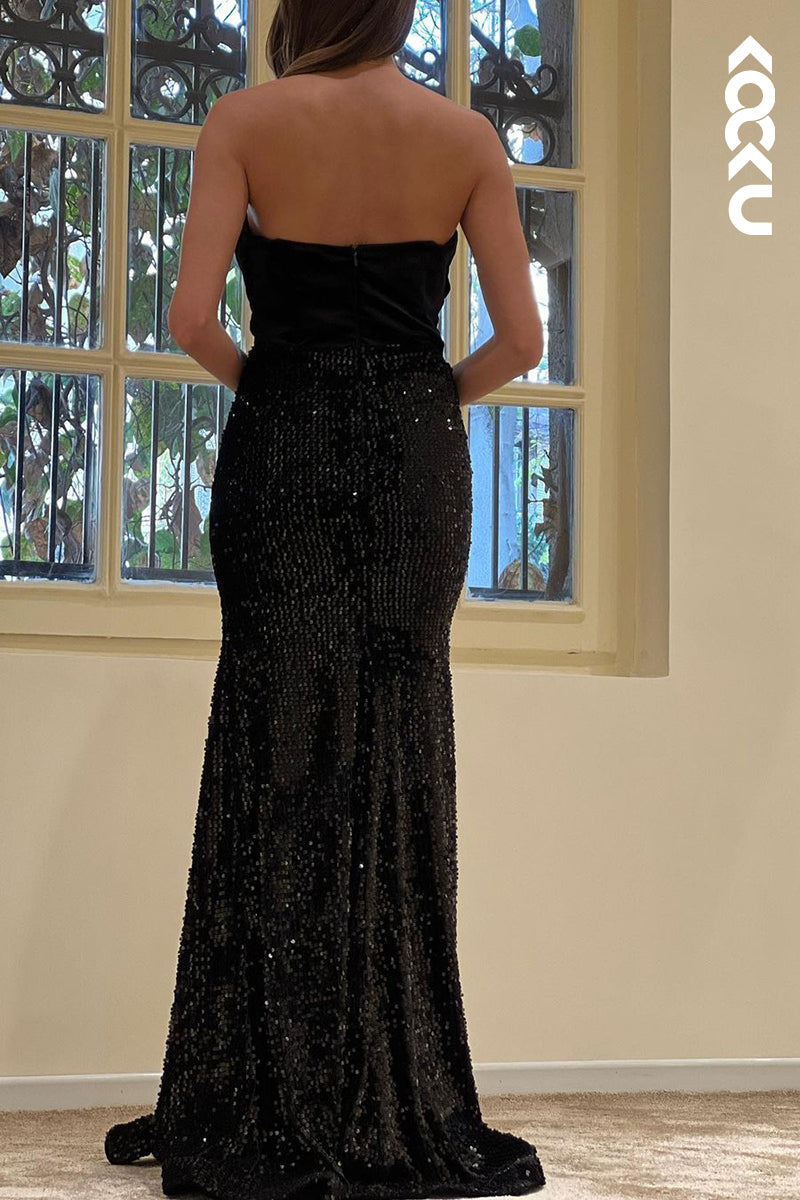 L1764 - V-Neck Strapless Ruched Sequined Satin Sheath Long Prom Evening Gown