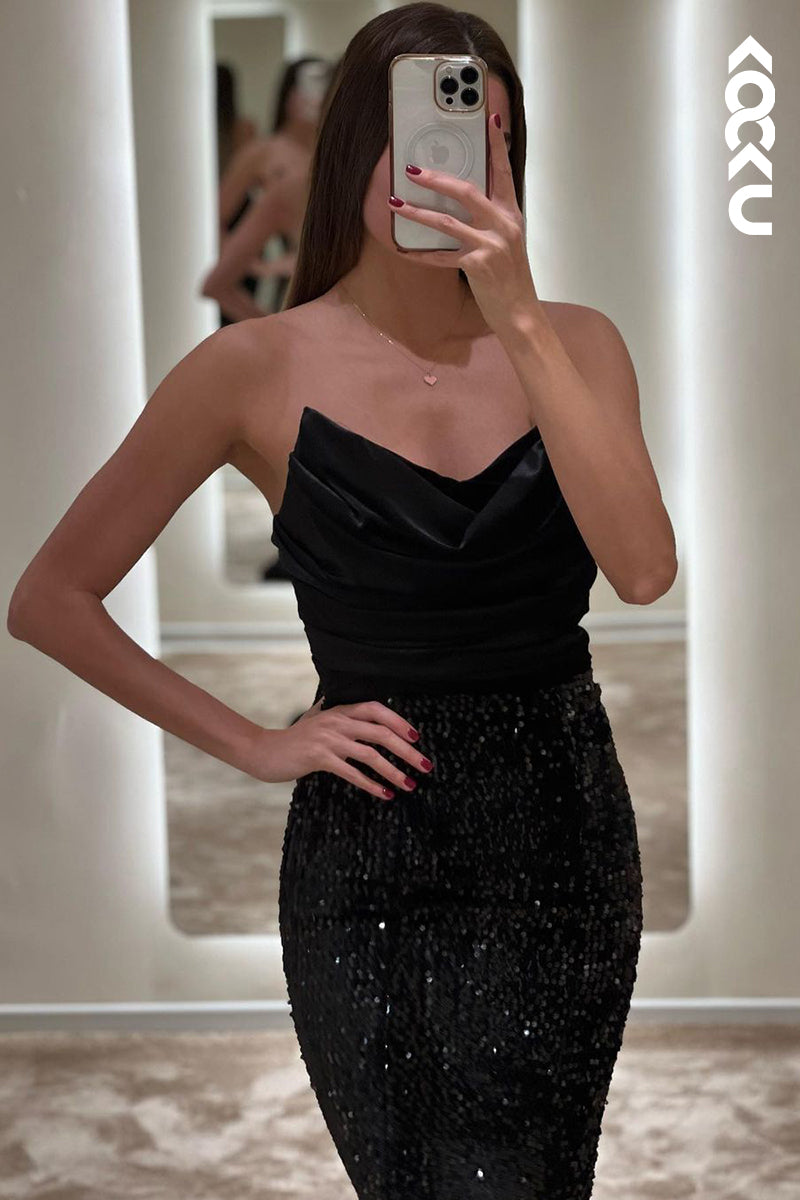 L1764 - V-Neck Strapless Ruched Sequined Satin Sheath Long Prom Evening Gown