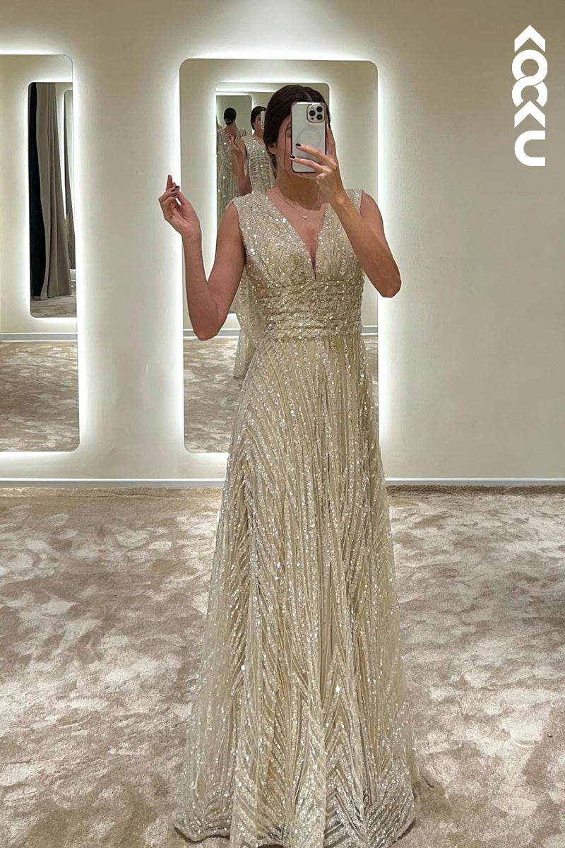 L1765 - V-Neck Sequined Beaded Ruched A-Line Long Prom Evening Gown