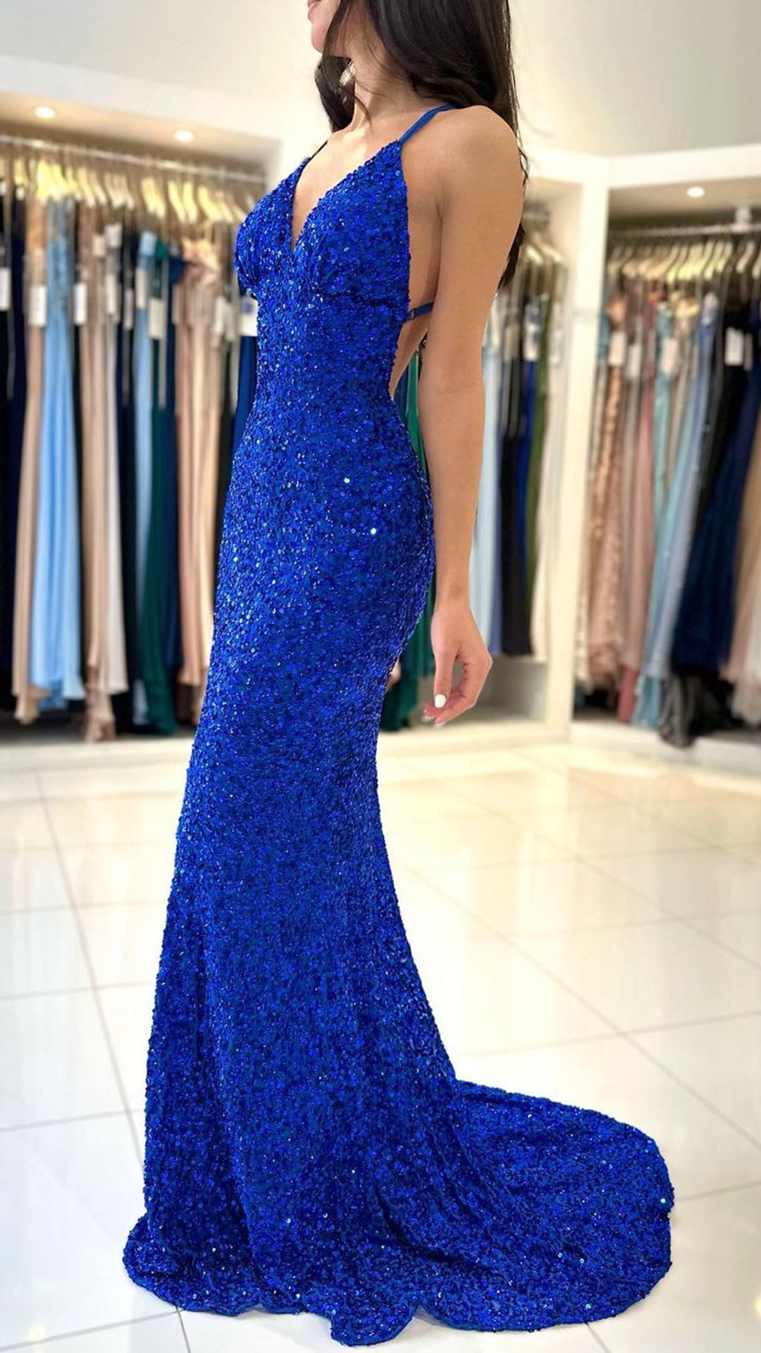 L1766 - V-Neck Spaghetti Straps Sequined Mermaid Long Prom Gown