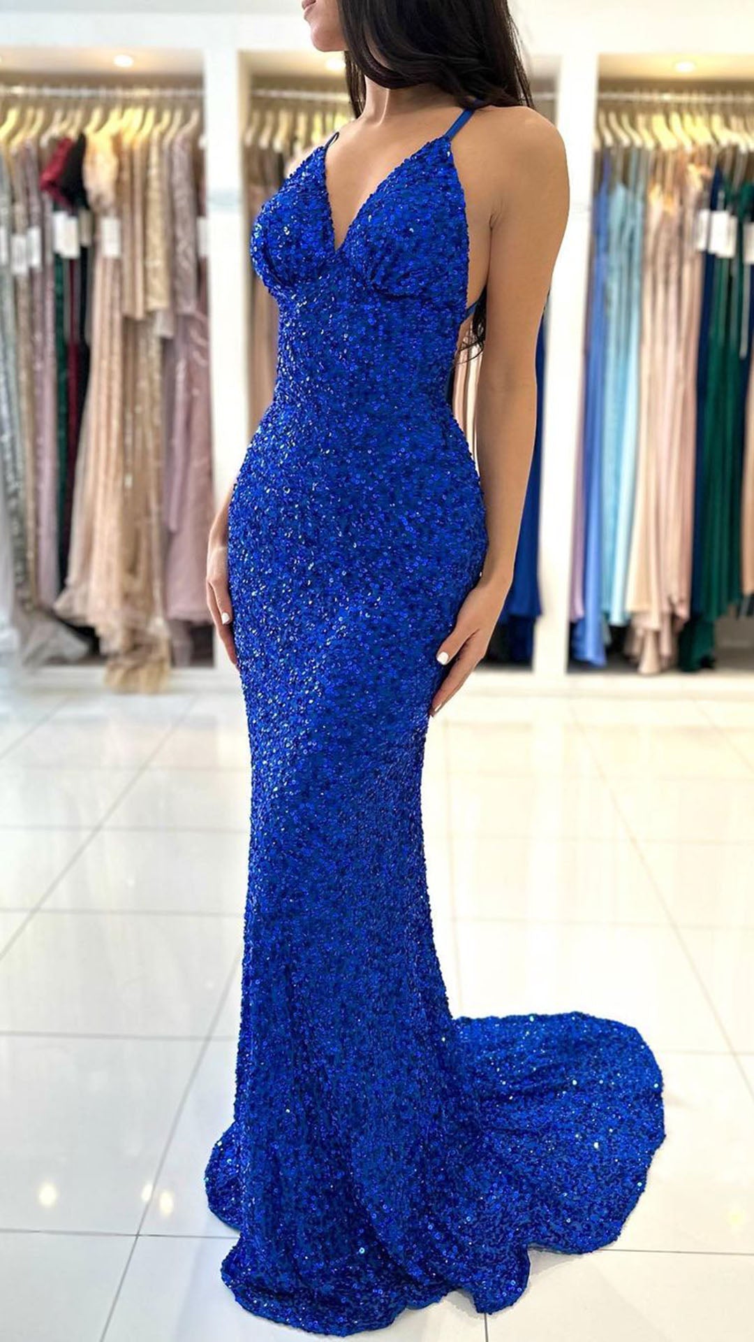 L1766 - V-Neck Spaghetti Straps Sequined Mermaid Long Prom Gown