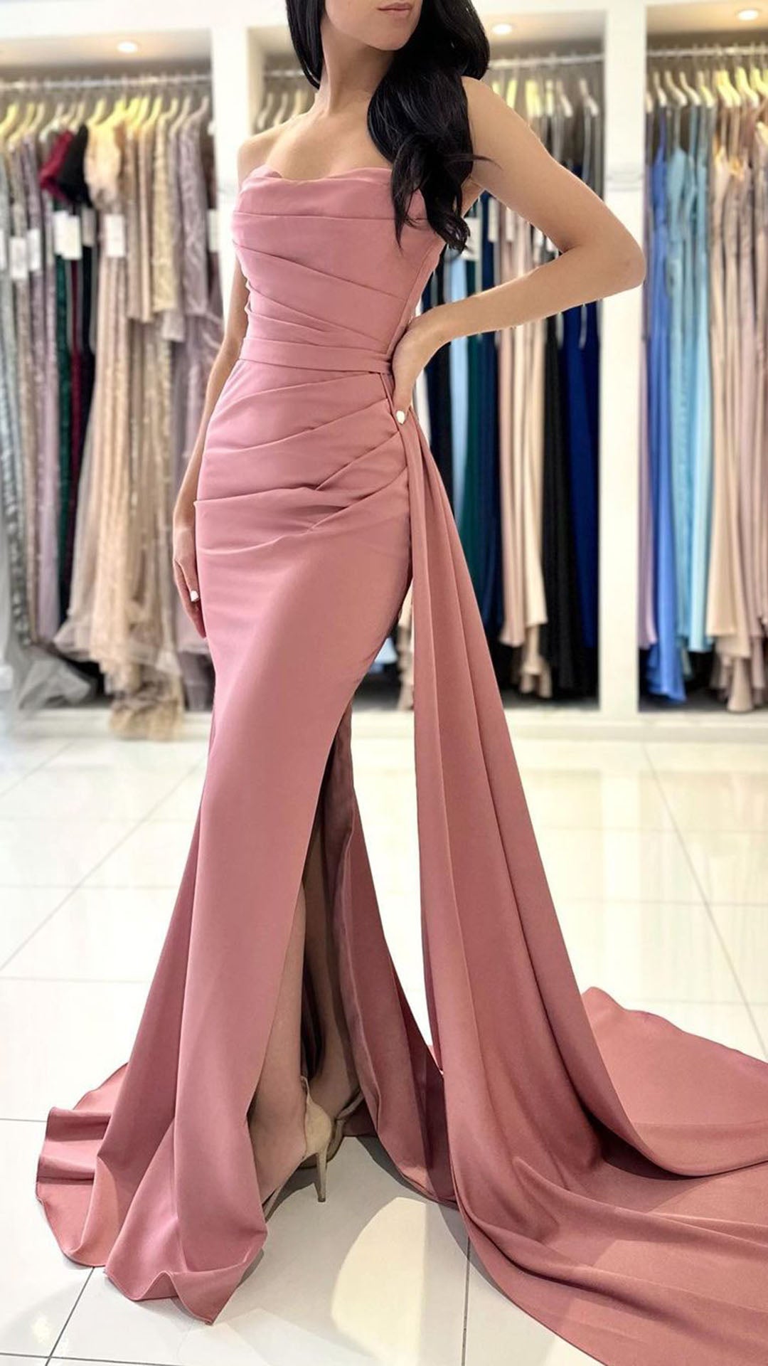 L1767 - Strapless Ruched Satin Sheath Long Prom Evening Gown With Slit