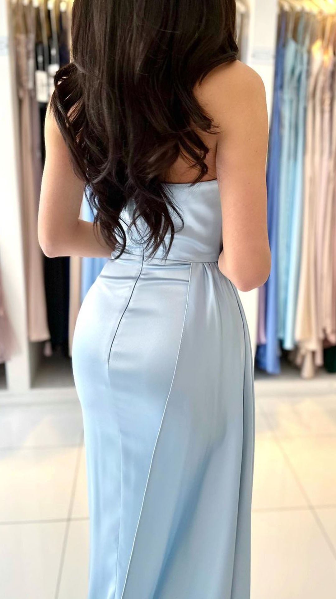 L1768 - Strapless Ruched Satin Sheath Long Prom Evening Gown With Slit