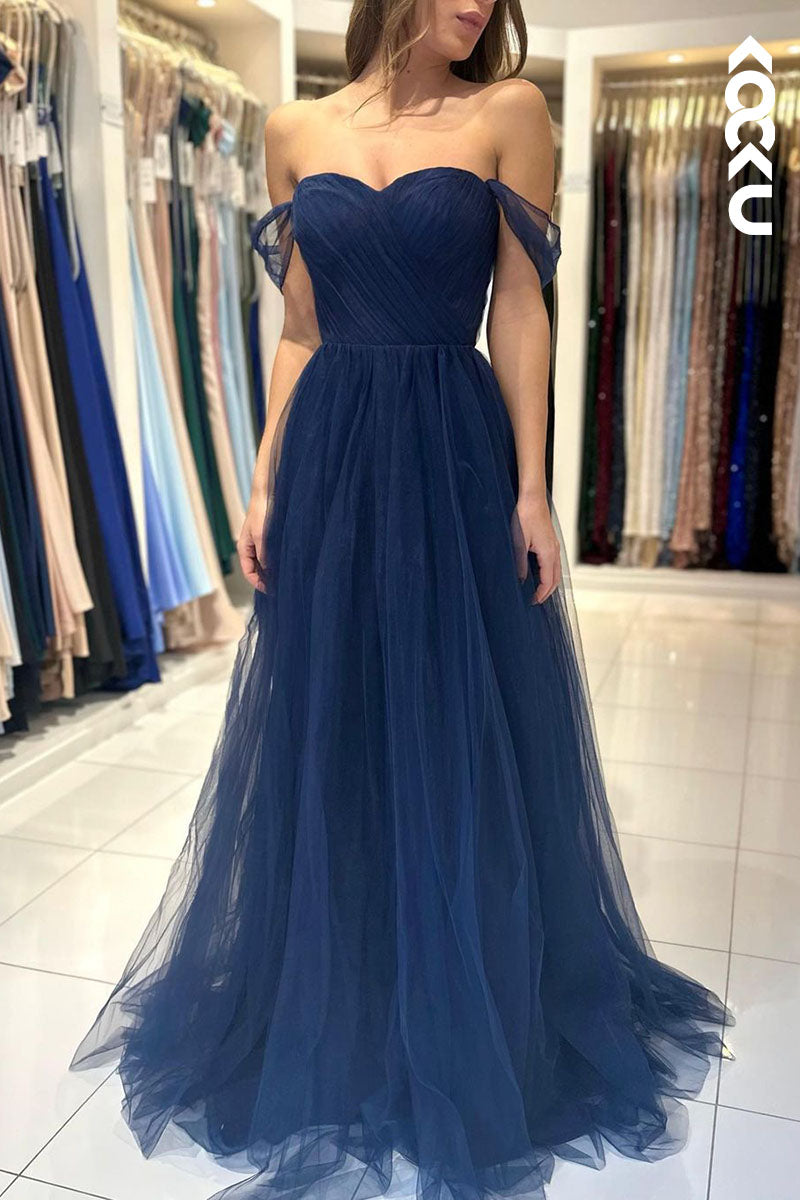 L1771 - Sweetheart Off-Shoulder Ruched Tulle A-Line Long Prom Evening Gown