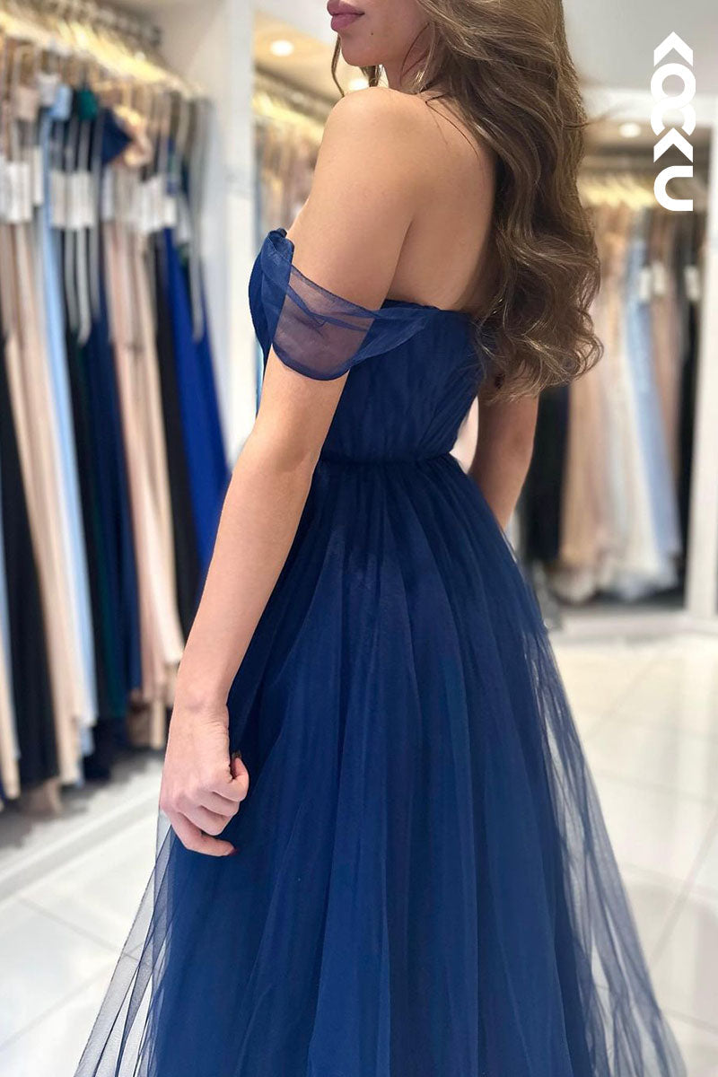 L1771 - Sweetheart Off-Shoulder Ruched Tulle A-Line Long Prom Evening Gown