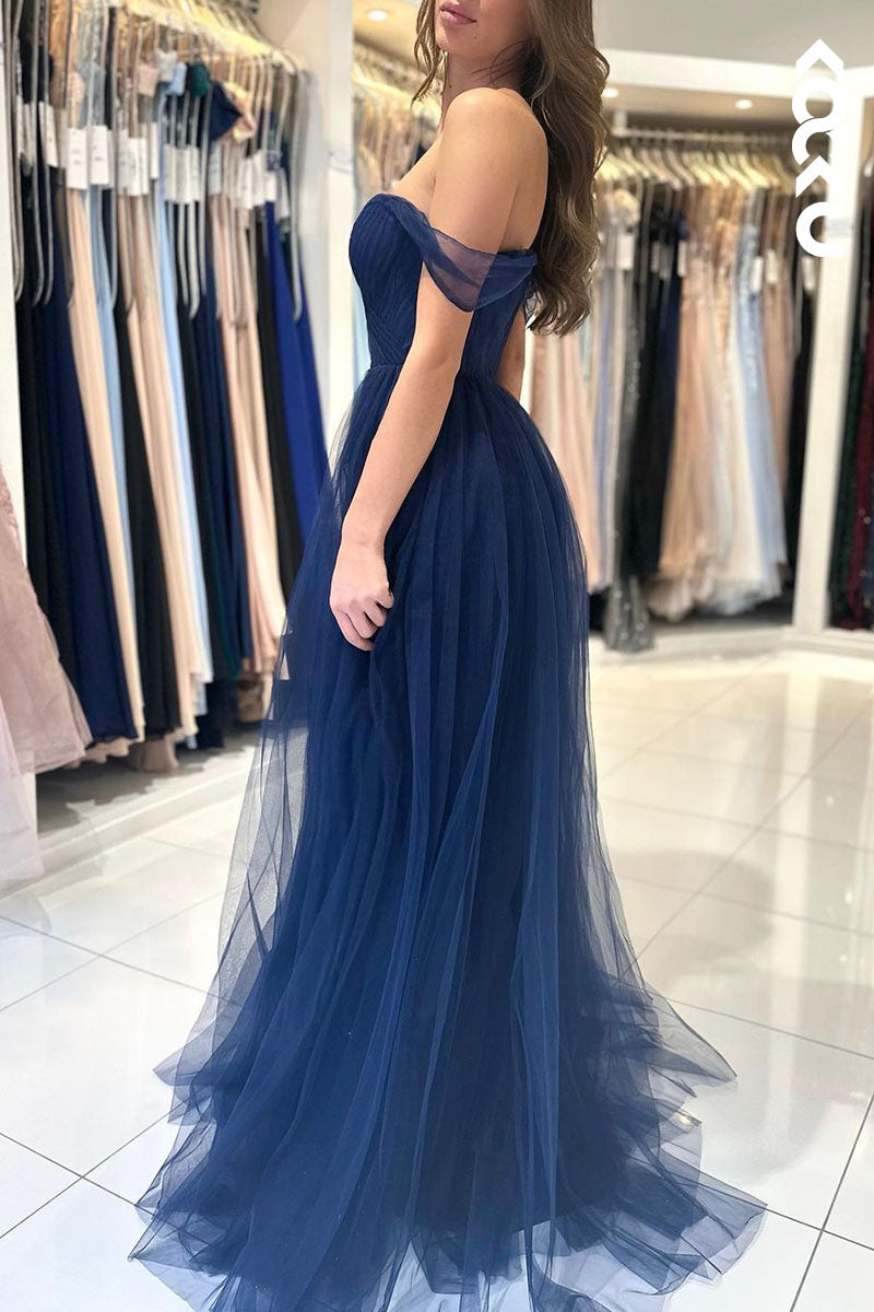 L1771 - Sweetheart Off-Shoulder Ruched Tulle A-Line Long Prom Evening Gown