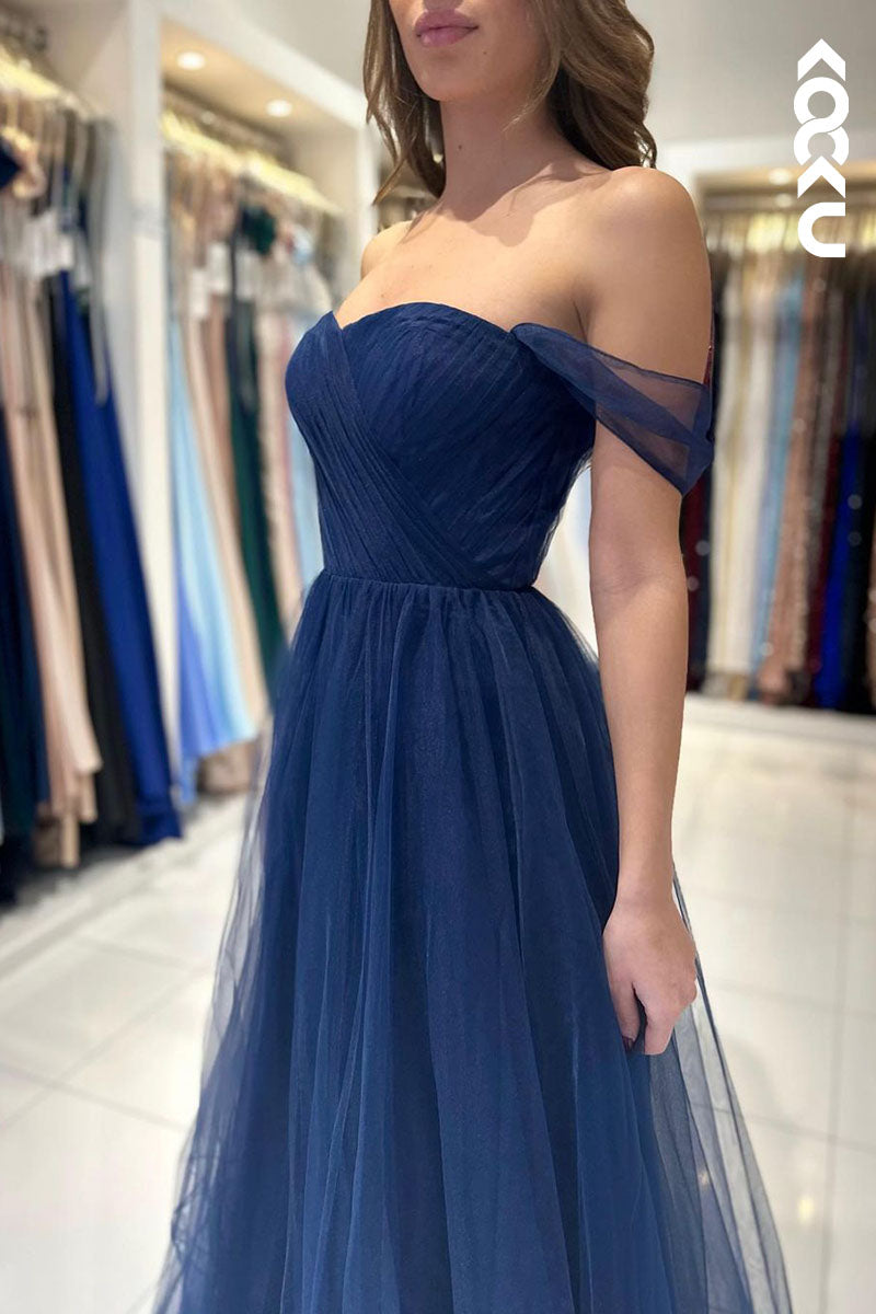 L1771 - Sweetheart Off-Shoulder Ruched Tulle A-Line Long Prom Evening Gown