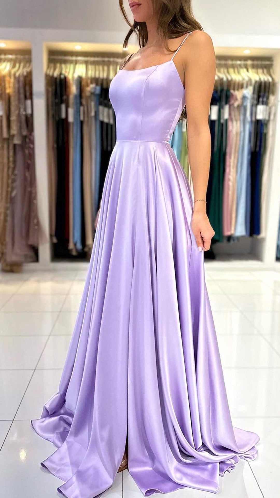 L1772 - Spaghetti Straps Satin A-Line Long Prom Evening Gown With Slit